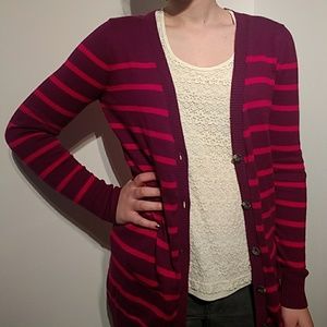 Striped Raspberry V-neck Button-down Cardigan